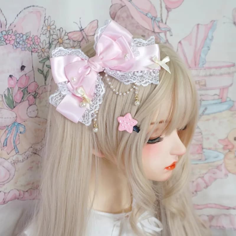 Fascia per capelli Lolita con nastro in pizzo, catena di perle, fiocco grande, rosa KC, accessorio per capelli da principessa, dolce e carino