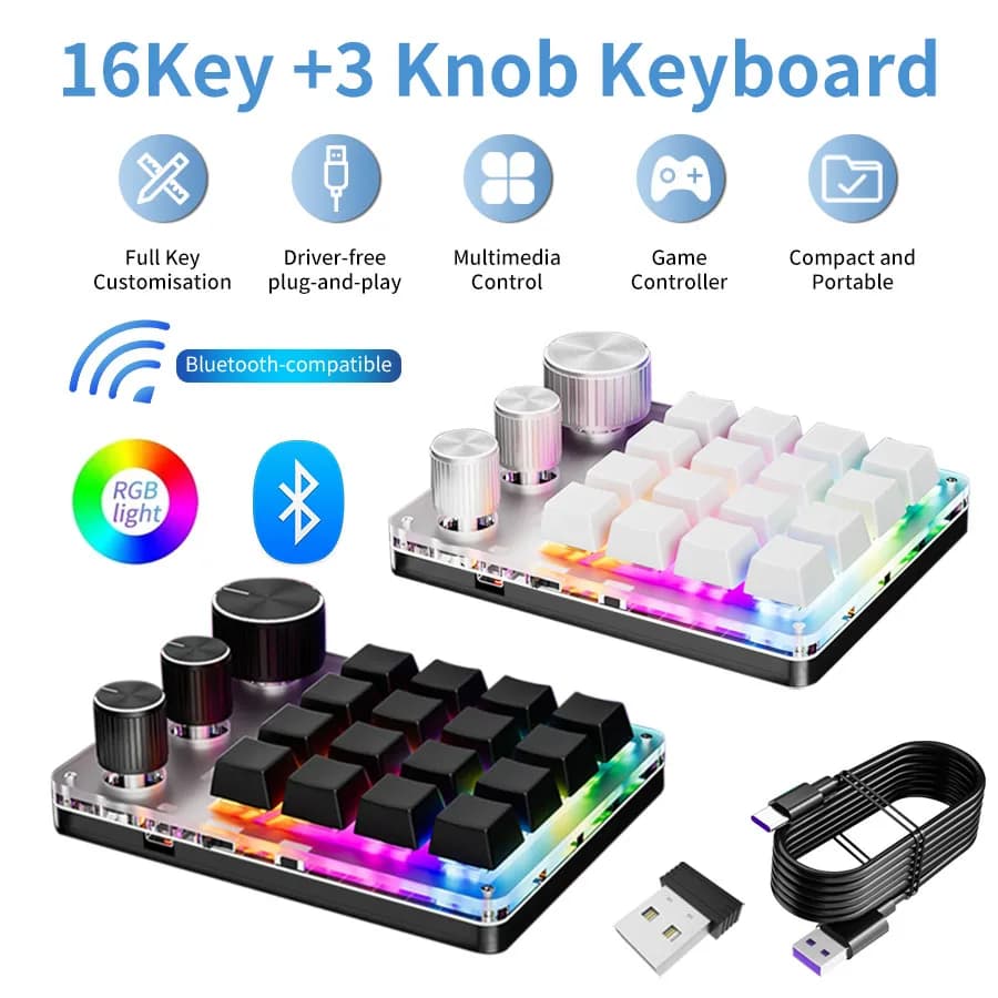 Programmazione wireless Bluetooth Macro Personalizzato 16 tasti 3 tasti Tastiera 3 modalità RGB Copia incolla Tastiera da gioco Meccanico Hotswap Macropad