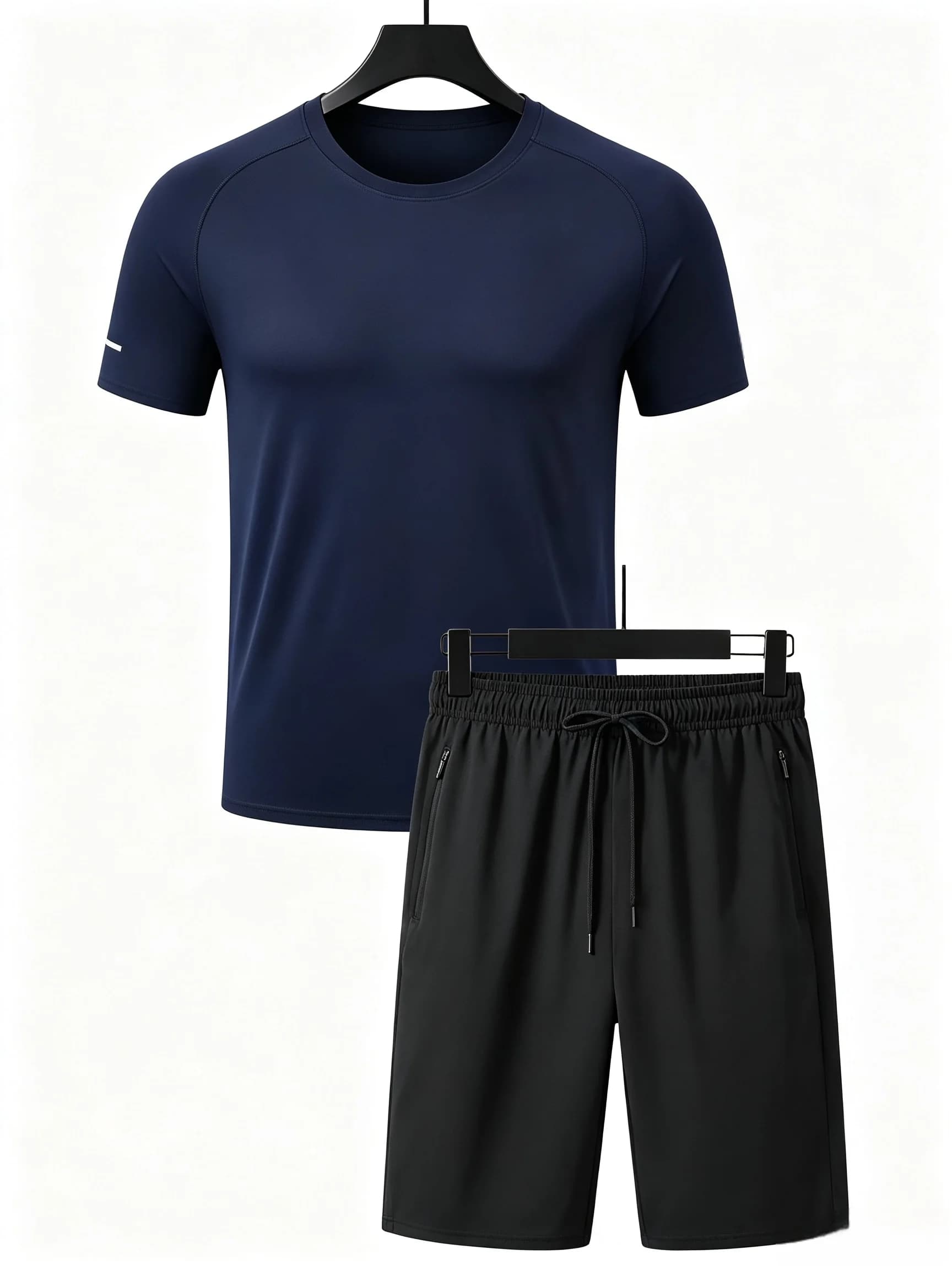 Men's Summer Fashion Breathable Quick-drying Crewneck T-shirt Drawstring Zipper Pocket Shorts Set Outdoor Sportswear