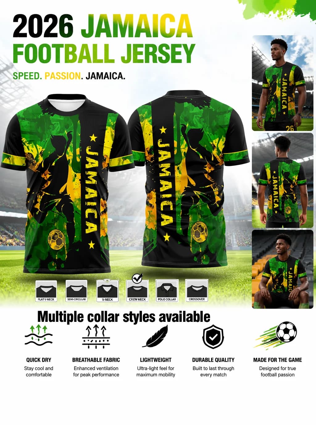 Jamaica themed football jersey,black base with green‑yellow graffiti,star & soccer details,moisture‑wicking fabric,athletic fit