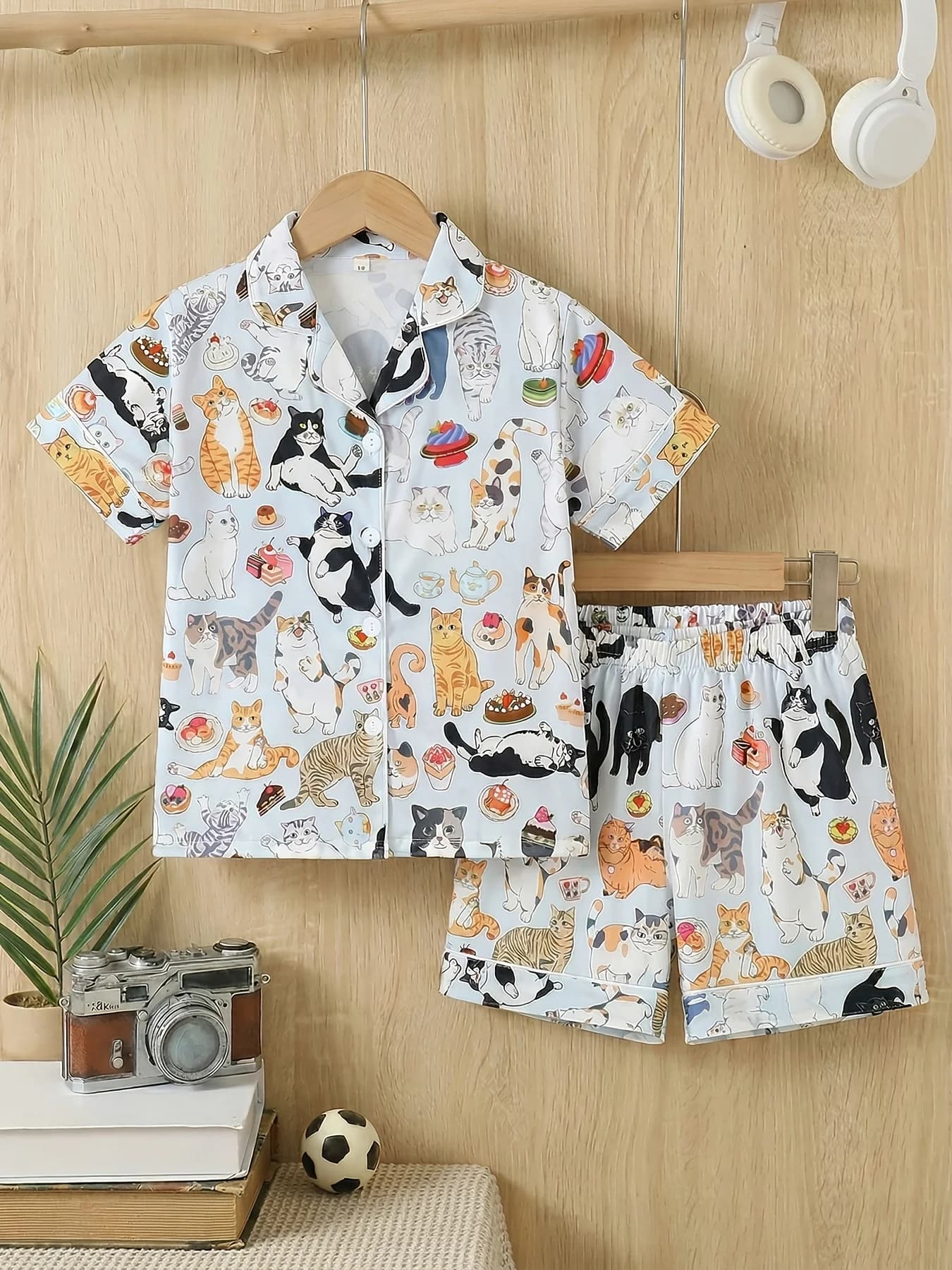 Cute Cat Dessert 3D Printed Children's Adult Pajama Set with Collar, Short Sleeve Button, Summer Casual Wear Quick Drying Pajama