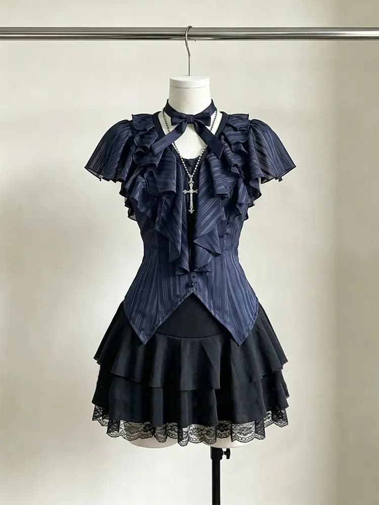 Gothic American Dark Retro 2 Piece Sets Women Y2k Ruffle Design Blouse + Chic Mini Skirt Female Retro Korean Popular Clothes