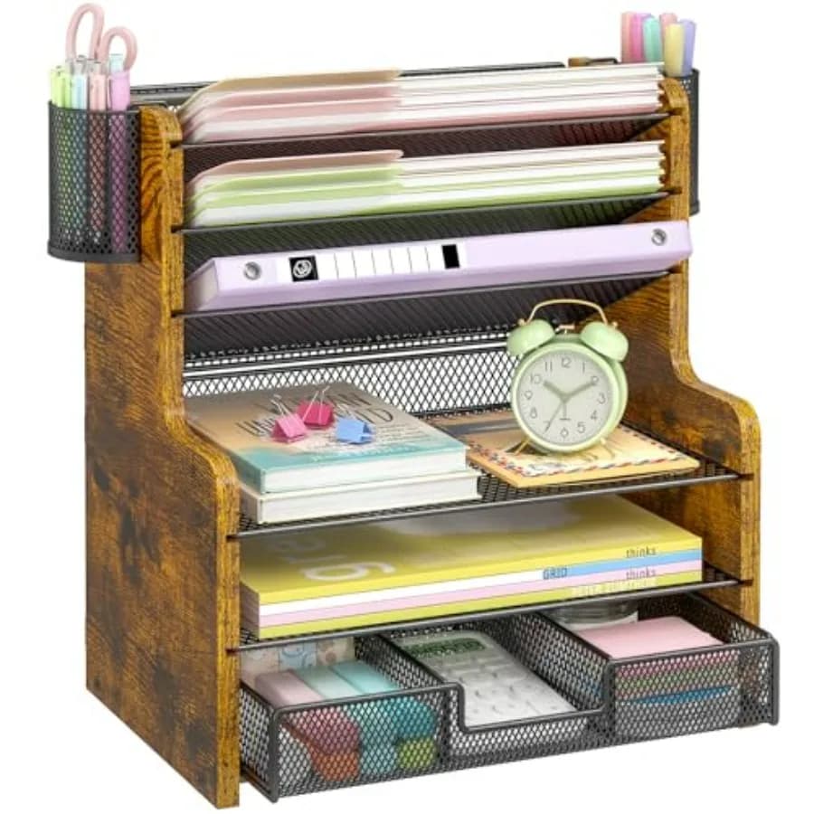 Organizzatore da scrivania a 6 livelli in rete con cassetto, organizer da ufficio in legno per documenti, cartelle e forniture - Robusto contenitore da scrivania per file