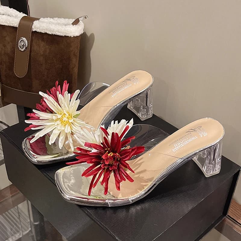 Sandali da donna con fiori, in PVC, con tacco alto, estivi, con plateau, eleganti, casual, comodi, infradito, scarpe 2026