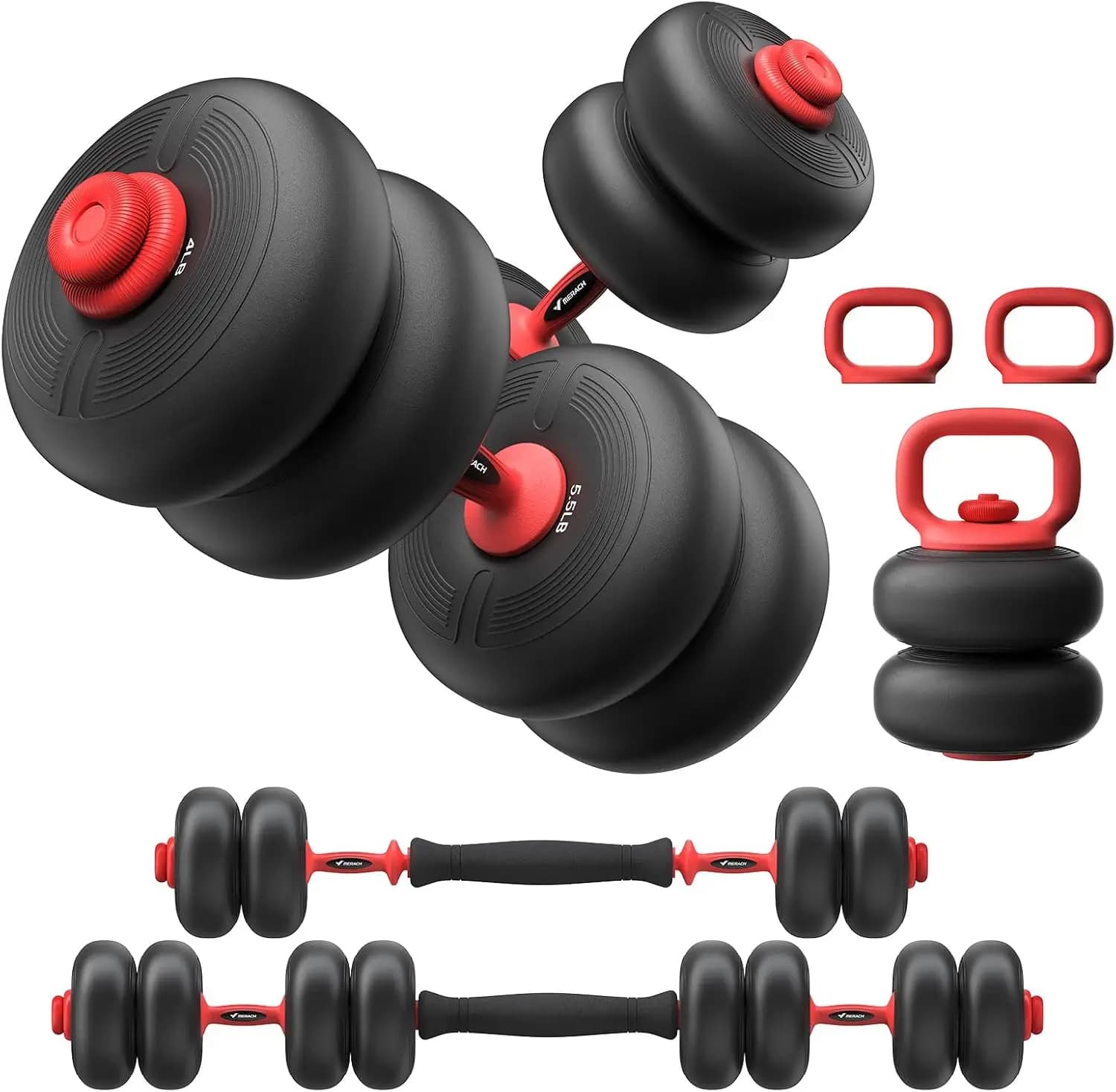 5 in 1 Adjustable Dumbbells, 8–45 LBS Free Weight Set | Soft Dumbbells Set with Connector, Includes Barbell, Kettlebells, Push u