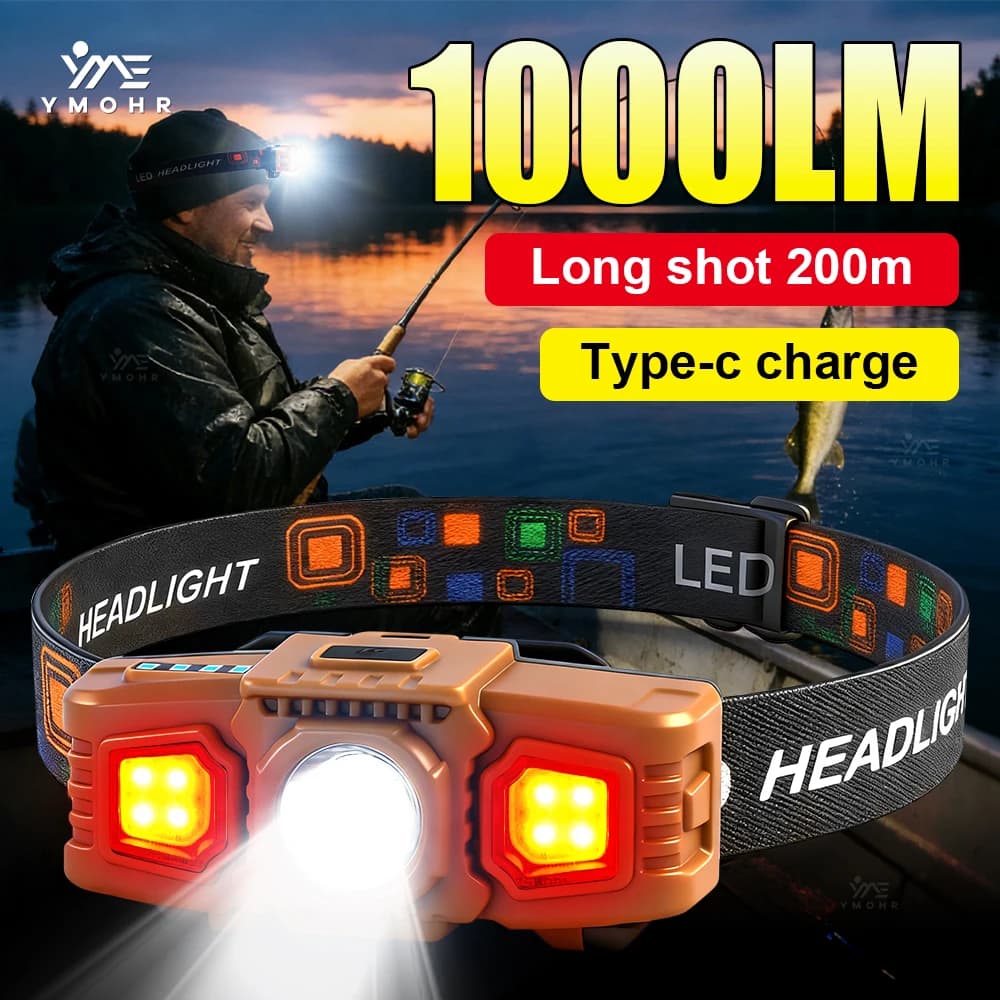 Mini Torcia Frontale LED Ricaricabile con Batteria 18650, Faro ad Alta Potenza con Luce Rossa e Indicatore di Carica, Torcia da Testa per Pesca e Escursionismo