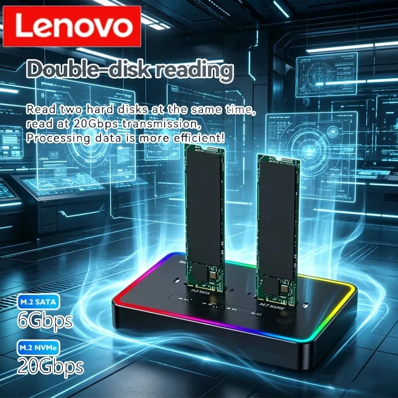 Enclosure SSD M.2 Dual Protocol Lenovo, Docking Station SSD NVMe/SATA a 2 Bay, Case Esterno SSD con Clonazione Offline 10Gbps Type-C