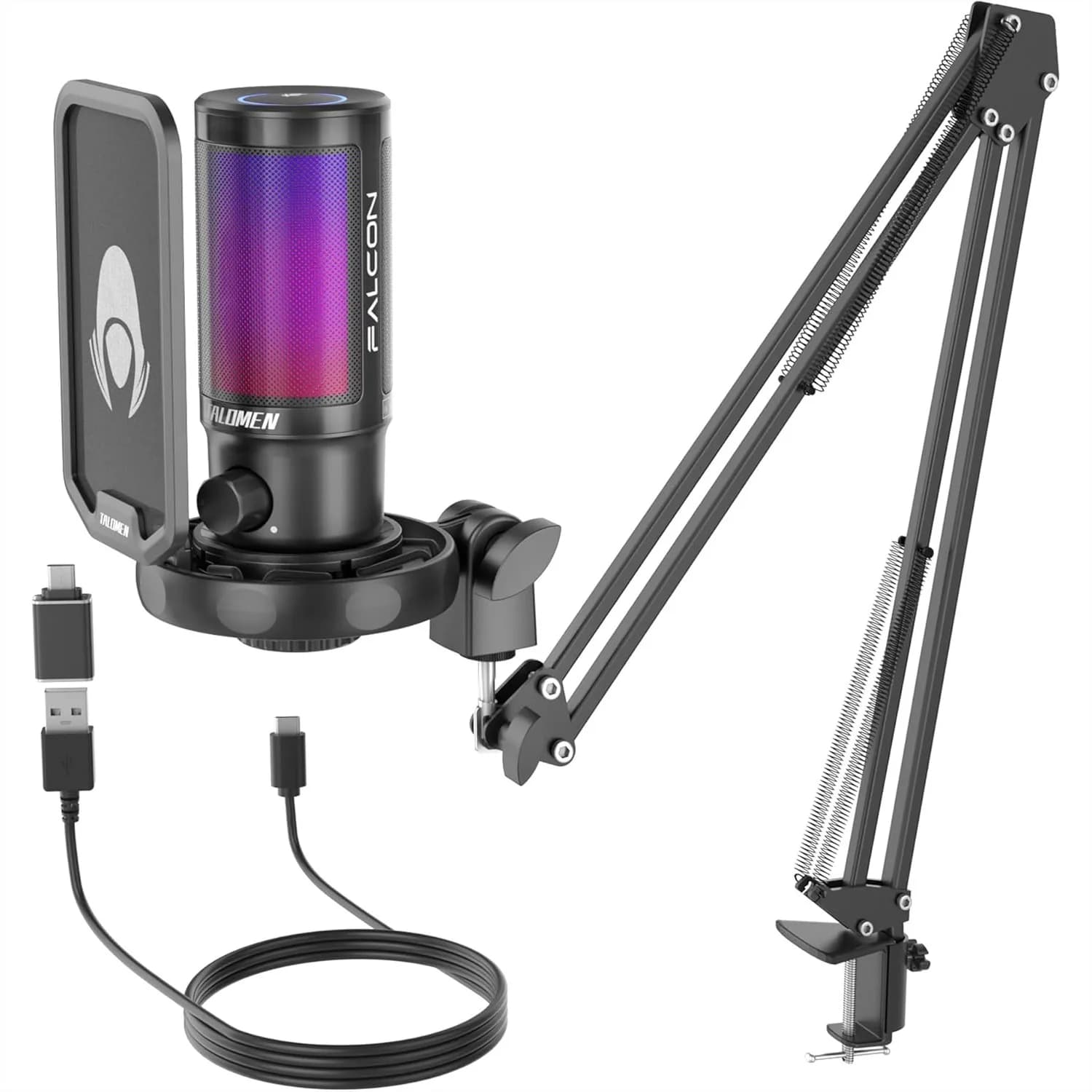 Microfono da Gaming per PC, Kit Microfono a Condensatore USB con RGB, Pulsante di Silenziamento Rapido, Manopola del Guadagno, Braccio Regolabile e Filtro Anti-Pop