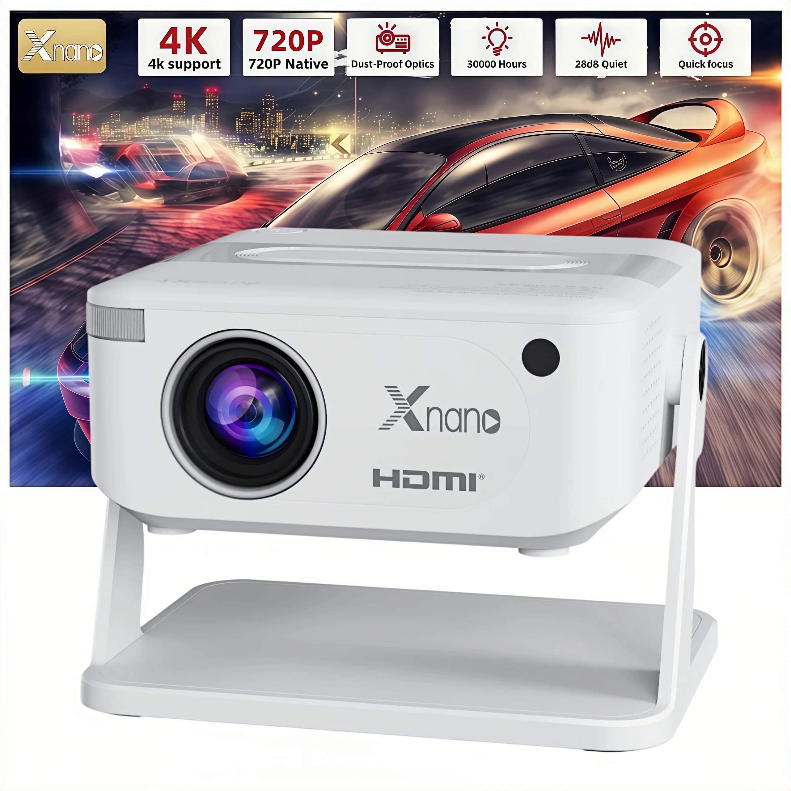XNANO Portable Mini Projector,Native 720p,Android 11.0, Wi-Fi 6,250 ANSI, Keystone Correction ,BT 5.0, Home Theater 4K Projector