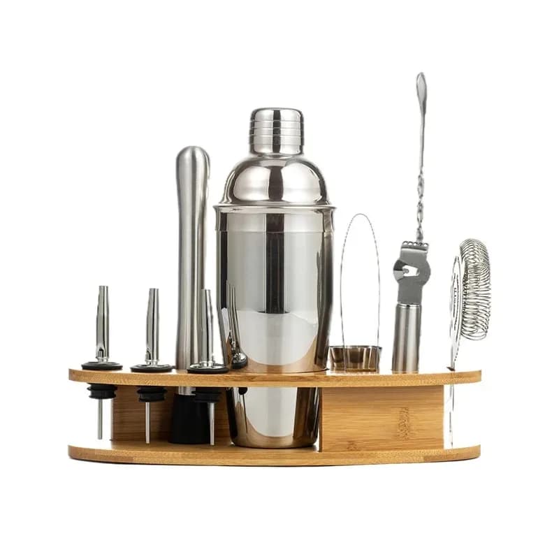 Set da Barman in Acciaio Inox con Supporto in Legno, Kit di Accessori per Cocktail e Shaker