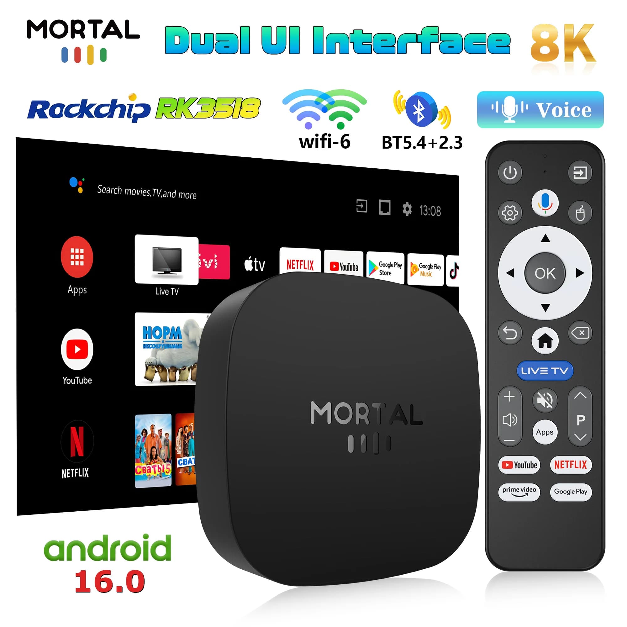 Mortal Smart TV Box 8 GB 128 GB Android 16 ATV 8K RK3518 Voice Google Assistant Video 4k HDR10 T1+ Video Media Player Set Top Box