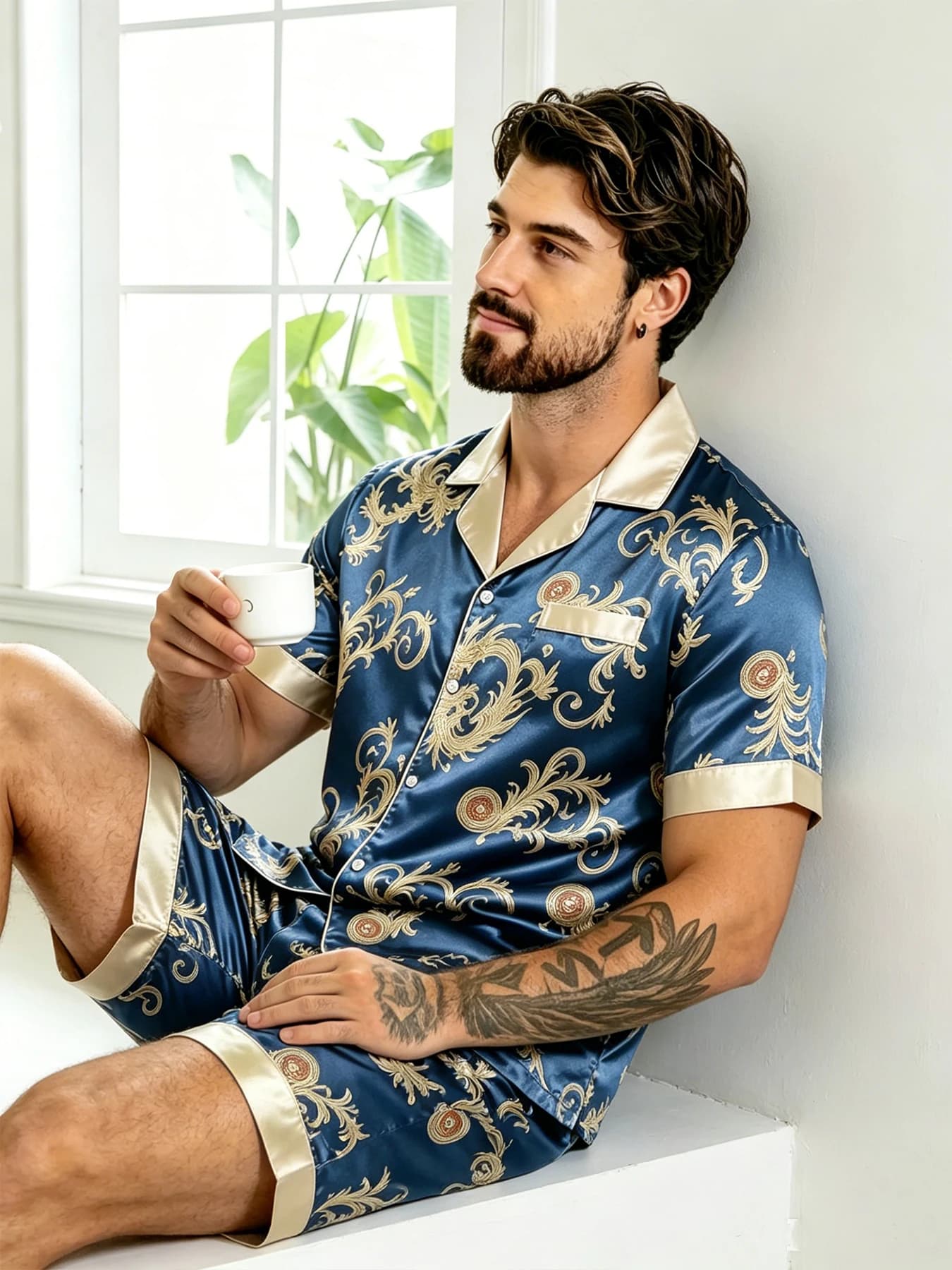 Pigiama da Uomo in Raso con Stampa Paisley, Set Pigiama a Maniche Corte con Bottoni, Abbigliamento da Notte e Loungewear, Pantaloncini, Set Pigiama