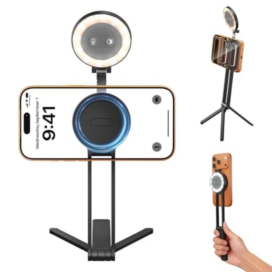 Treppiede Magnetico 2-in-1 per Telefono con Luce Selfie per Supporto Magsafe, Stand per Smartphone e Asta Selfie con Luce di Riempimento