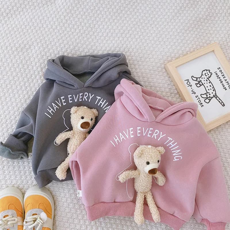 Felpa con cappuccio in pile di cartone animato per bambini Felpa a maniche lunghe carina autunno inverno con orsetto staccabile Vestiti per bambina