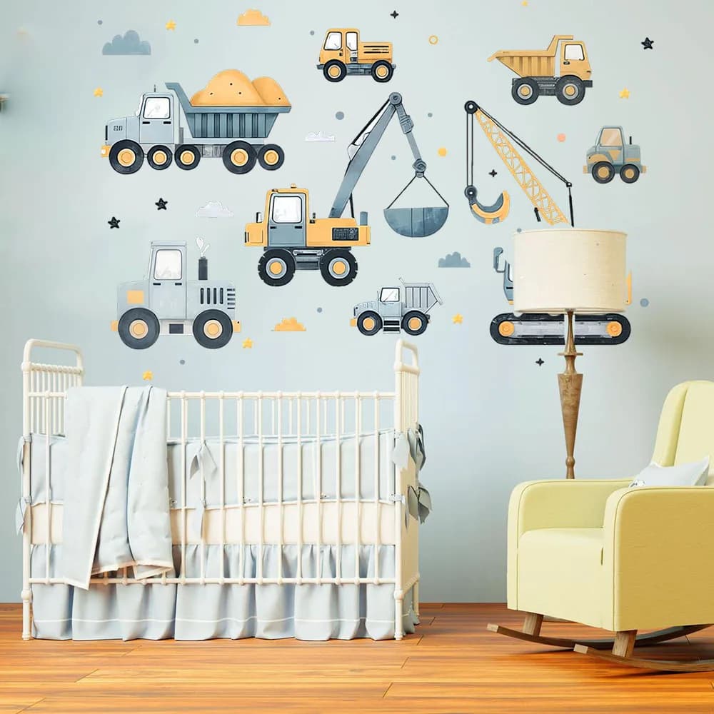 Set di veicoli per escavatore dei cartoni animati Adesivo da parete per auto Sala giochi Costruzione di edifici Gru Camion Adesivo da parete per la decorazione della cameretta dei bambini