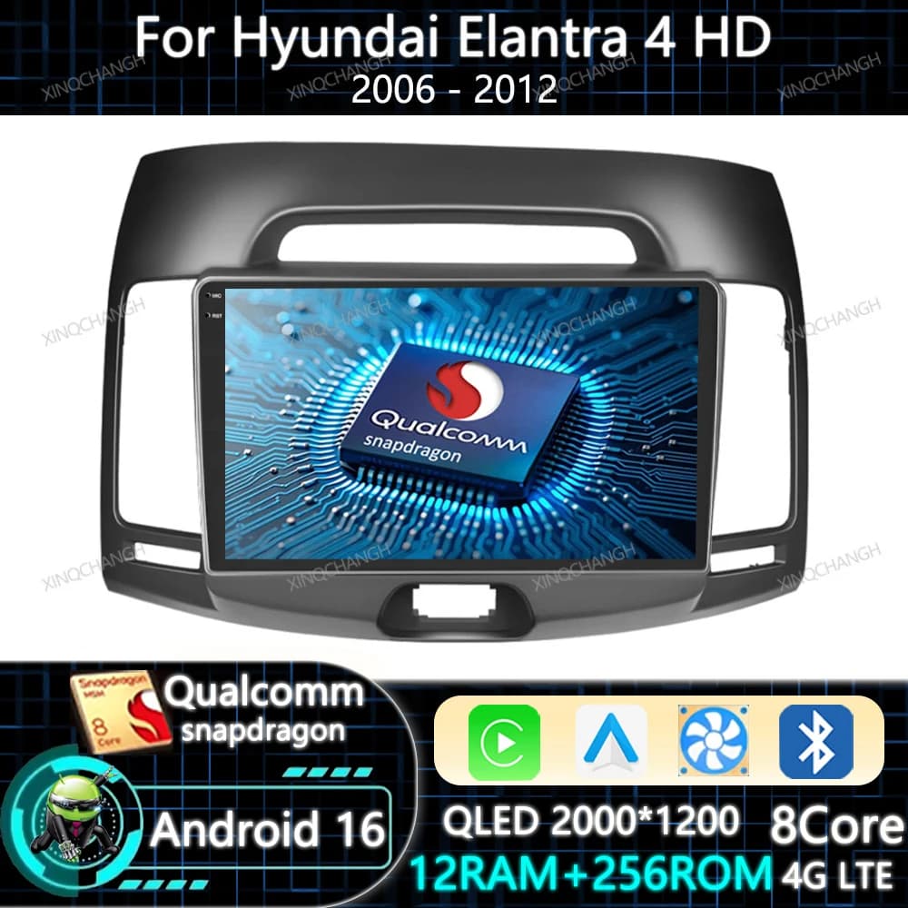 Android 16 Car Radio For Hyundai Elantra 4 HD 2006 - 2012 Carplay Auto Multimedia Stereo Video Player QLED 2DIN BT Qualcomm GPS