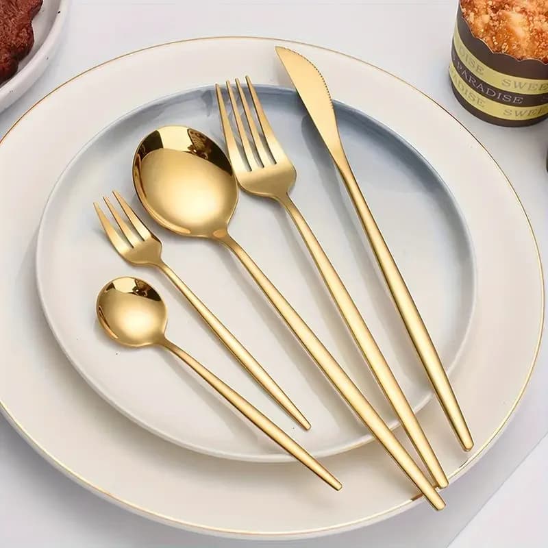 Gold Western Dinnerware Set 30- Stainless Steel Knife Fork Spoon Teaspoon, Mirror Kitchen Silverware, Enhances Cozy Dining Life
