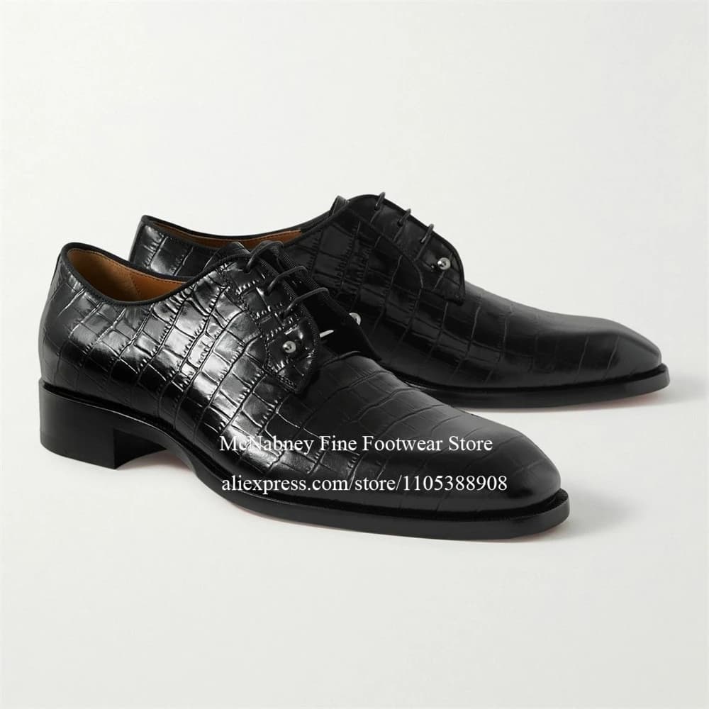 Metal Pin Buckle Crocodile Embossed Derby Dress Shoes Round Toe Lace up Tips Formal Shoes Wedding Office Business Shoes for Men