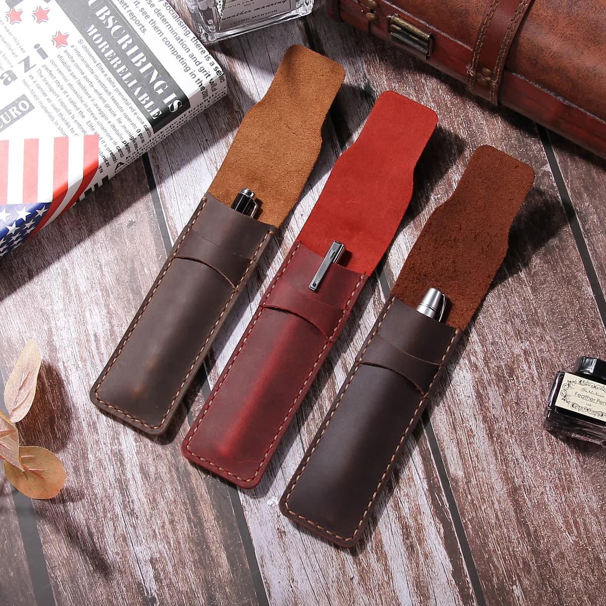 Crazy Horse Skin Pen Set Handmade Pen Bag Vintage Style Pencil Case Storage Bag for Journal Travel Supplies