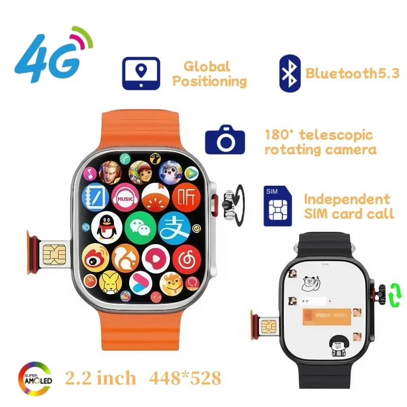CDS9 Smartwatch 2.2 inch Amoled 448*528 Rotating Screen GPS Camera WIFI 4G SIM Card App Download Smartwatch for Men and Women