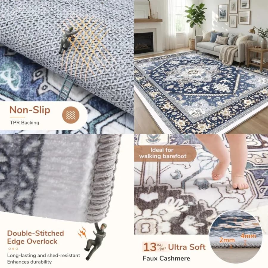 Tappeti morbidi 8x10 per soggiorno, tappeti lavabili 8x10 per camera da letto con fondo antiscivolo, tappeto a pelo corto in finto cashmere 8 x 10