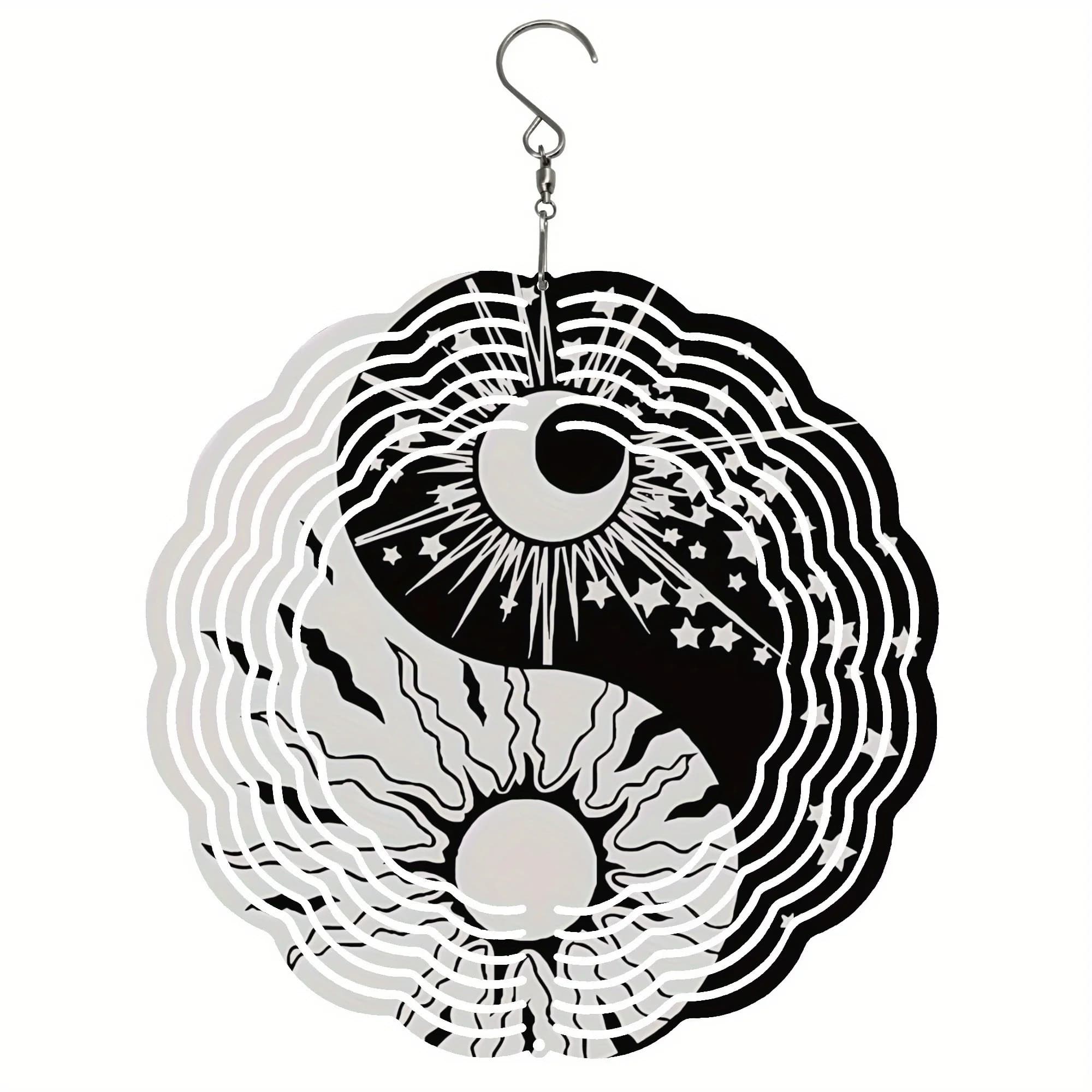 2D Flat 1pc Yin Yang Metal Wind Chime - Outdoor/Indoor Wind-Powered Spinner with Hooks, Dual-Sided Chinese Philosophy Decoration