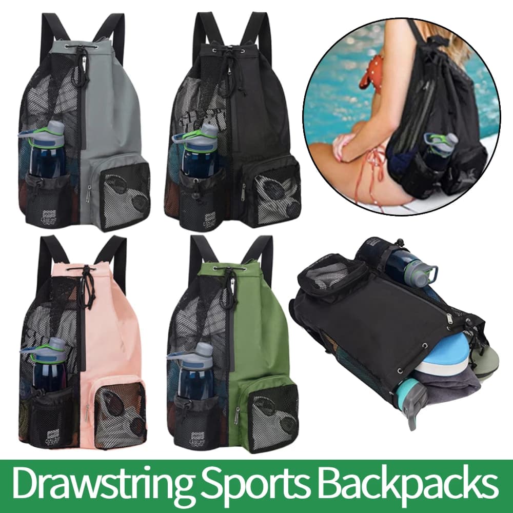 Sports gym bag with drawstring, beach backpack with waterproof pockets, reinforced net, lightweight and comfortable for training equipment