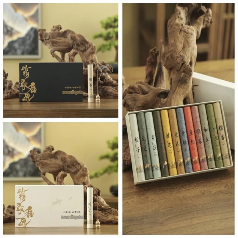 Bastoncini di incenso a 12 gusti/ Confezione regalo/Bastoncino Joss per purificazione dell'aria interna in legno di sandalo ambra grigio Fiore di osmanto Nha Trang