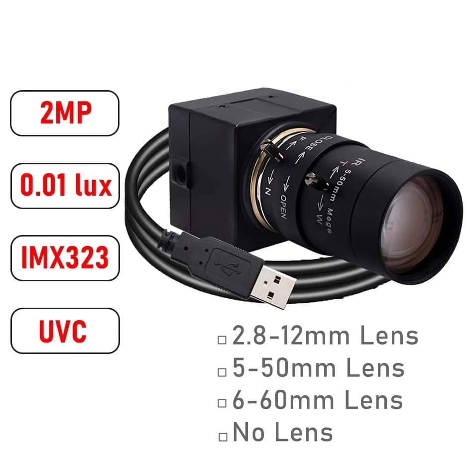 Webcam USB ELP 1080P 30fps H.264 with Camera 2MP IMX323 and Lente Varifocale Manual, Camera for Industrial Vision in Conditions of Poor Lighting