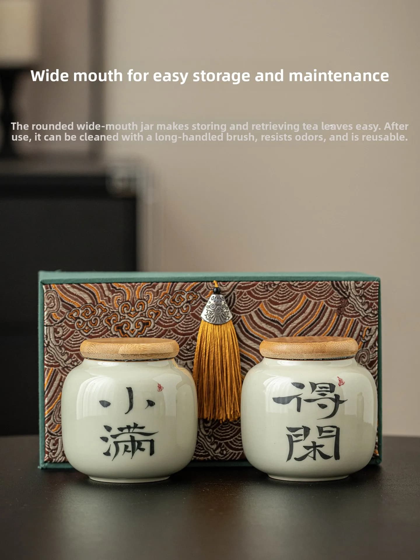 Hand-Painted Calligraphy Ceramic Tea Canister Gift Box Wood Ash Tea Storage Container Small Tea Warehouse Style Chinese