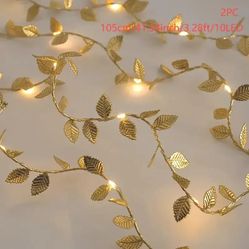 Set di 2 luci a forma di ghirlanda con foglie dorate, luci a stringa in plastica autoportanti per interni, con luce LED bianco caldo, per matrimoni, piante artificiali