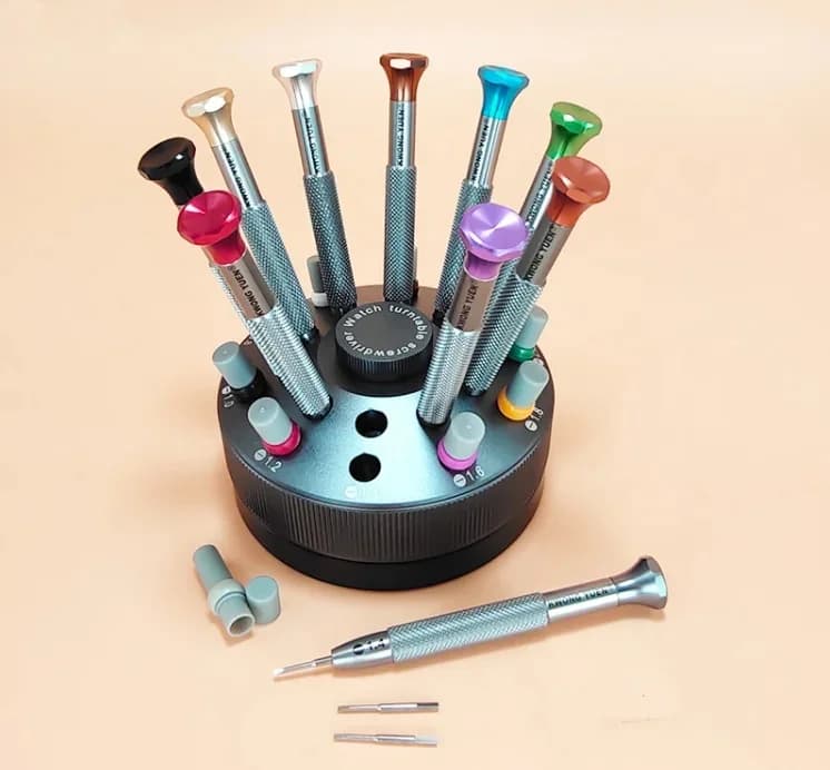 Kwong Yuen Assortment of 10pcs Watch Repair Screwdriver Set Flat Blade 0.6-3.0mm with Stand and Spare Tips
