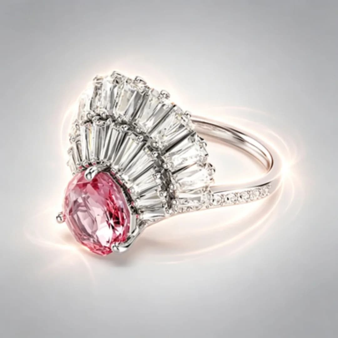 Anello cocktail rosa alla moda 2026, con gemma ovale rosa, design rettangolare color alba in argento