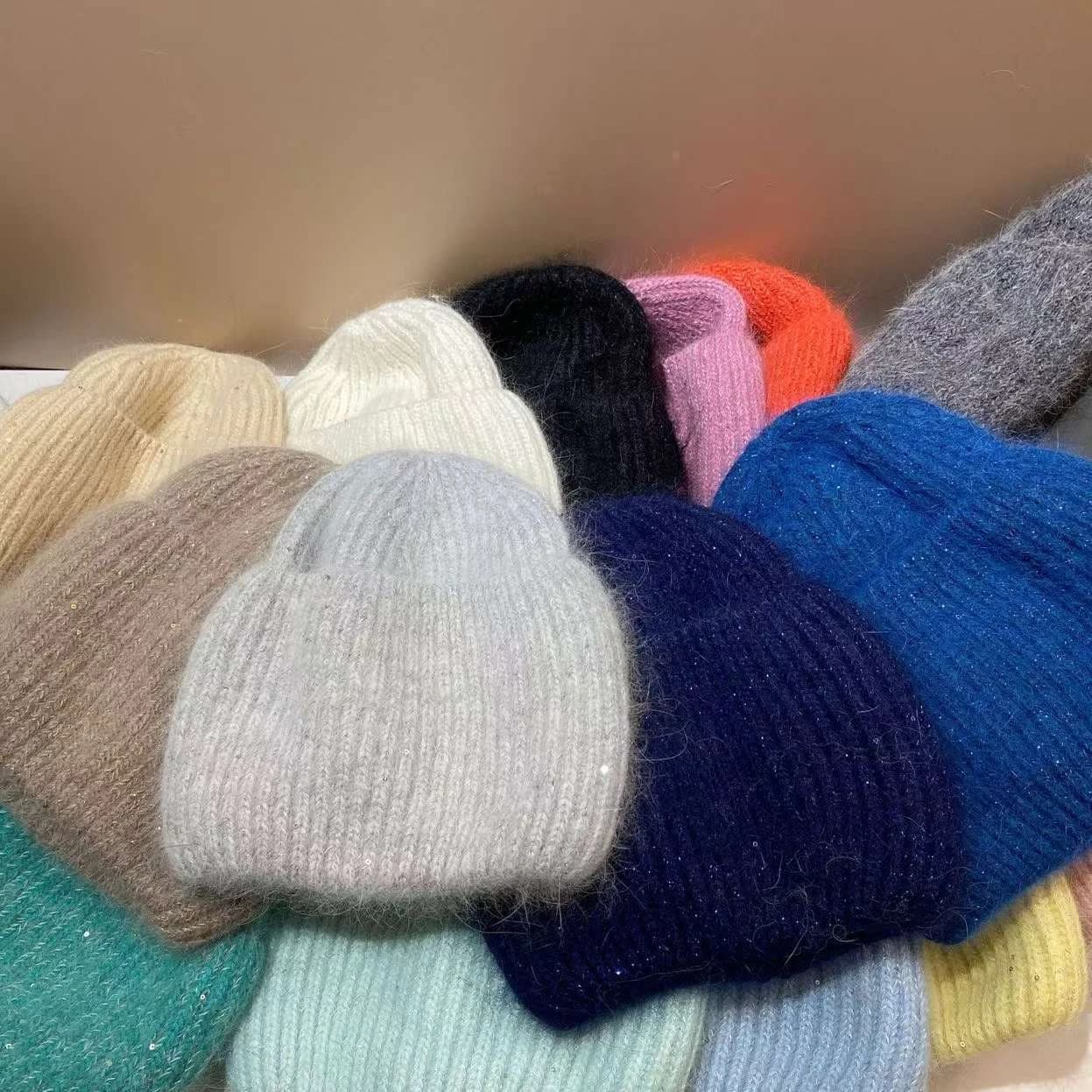 Winter Hats Woman Rabbit Fur Knitted Beanie Warm Bright Sequin Baggy Cap Female Outdoor Skiing Bonnet 2025 New