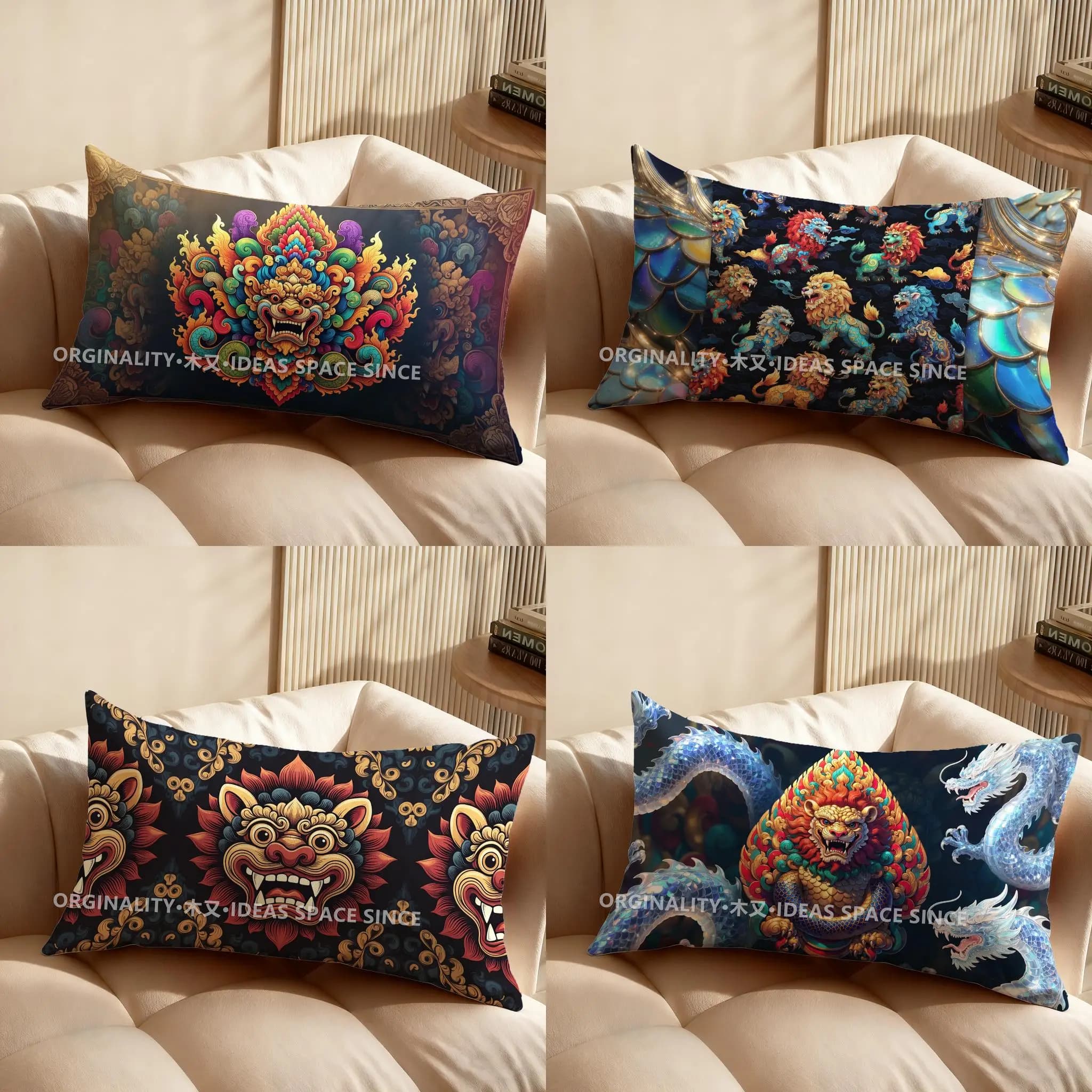 Fodera per cuscino 2D con leone mitico colorato, adatta per divano, camera da letto, auto, cuscino rettangolare per la schiena