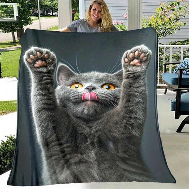 Cute British Shorthair Cat Flannel Throw Blanket Funny Gray Cat Sticking Tongue Out Print Soft Lightweight Blanket Sofa Bed
