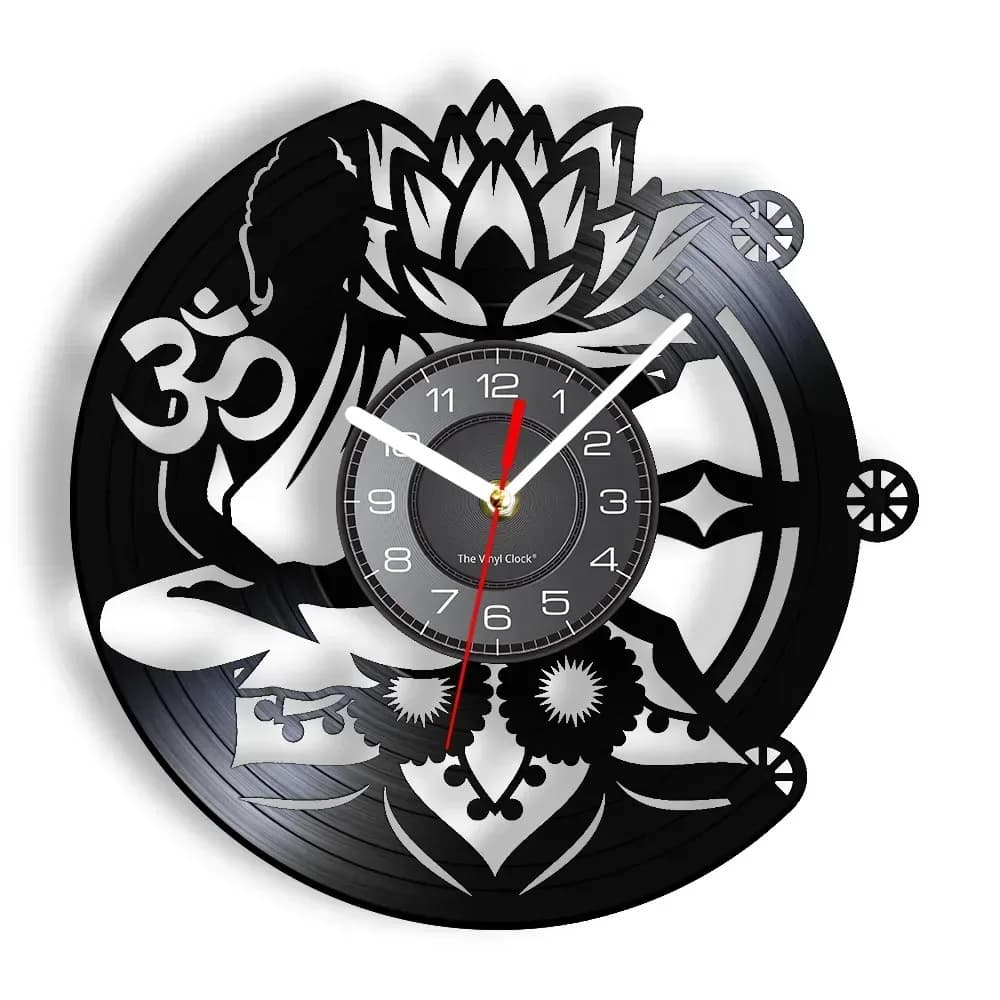 Buddha Yoga Lotus Wall clock with vinyl disk Buddha Yoga Studio Meditation Wall clock Home decoration Yoga Lotus wall clock