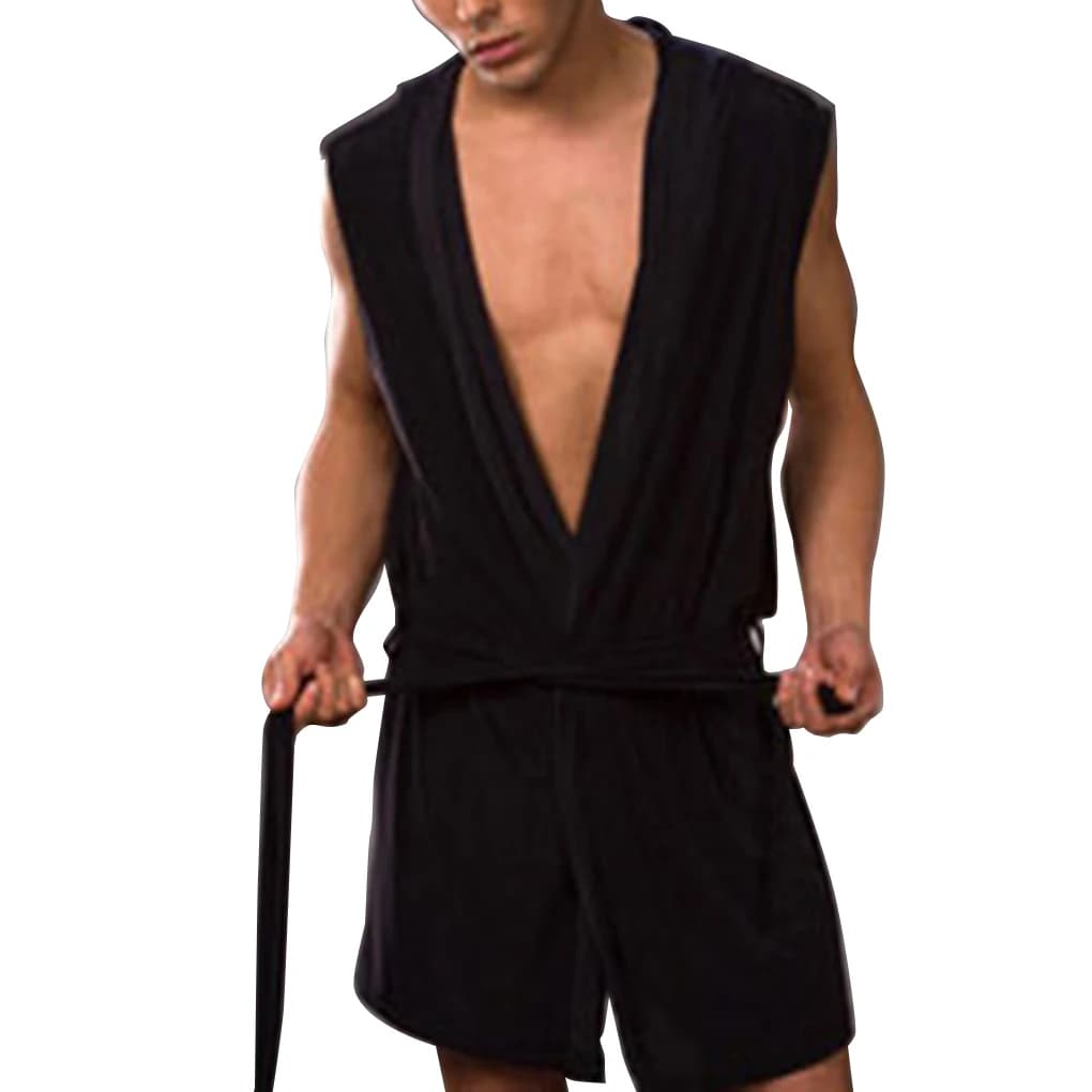 Men's nightwear, summer bathrobe, silky, sleeveless, with hood