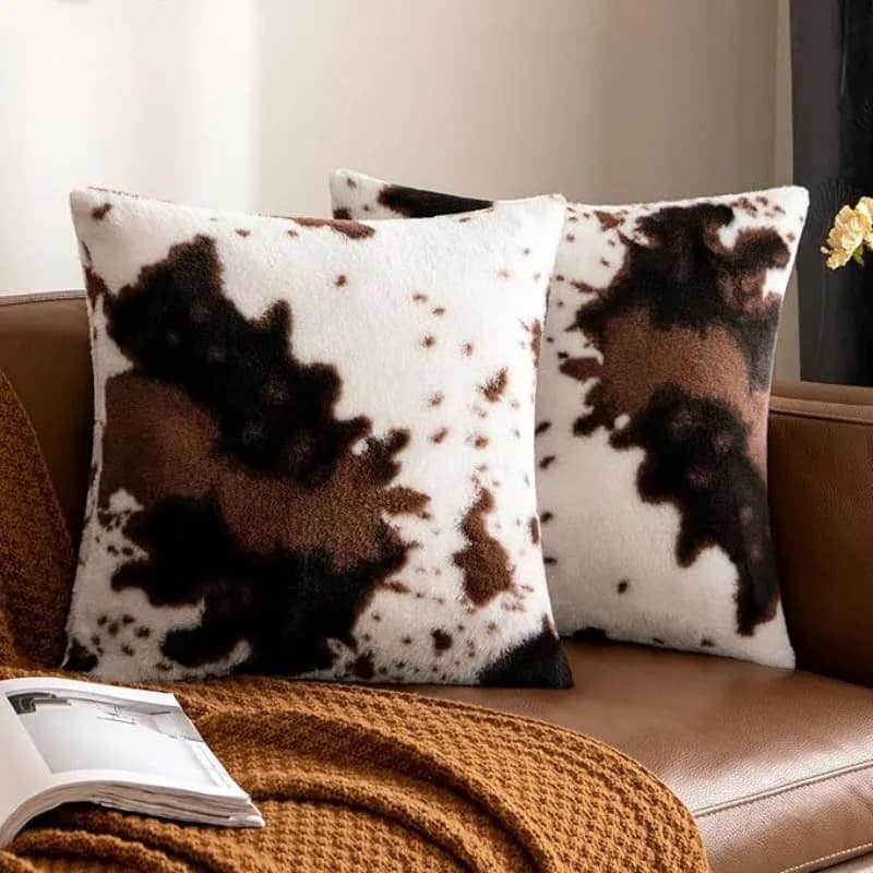 2pcs/set Dairy Cow Pattern Print Plush Pillow Cover Soft Furry Cushion Case Home Decor pillowcase for Living Room Sofa & Bedroom