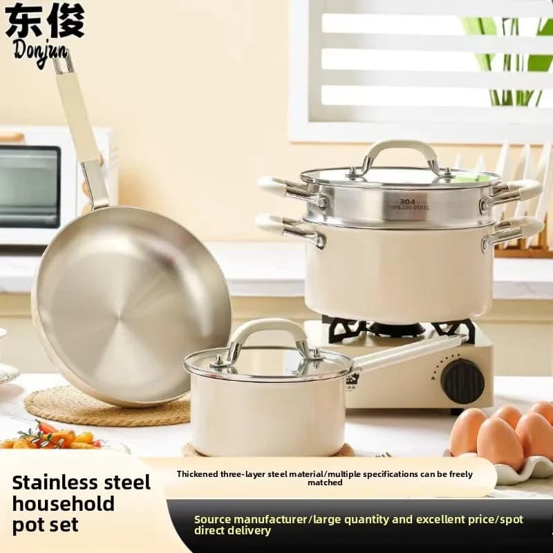 Set di pentole in acciaio a tre strati, pentole da cucina, pentola per latte, padella, pentola per zuppa, set combinato di pentole.