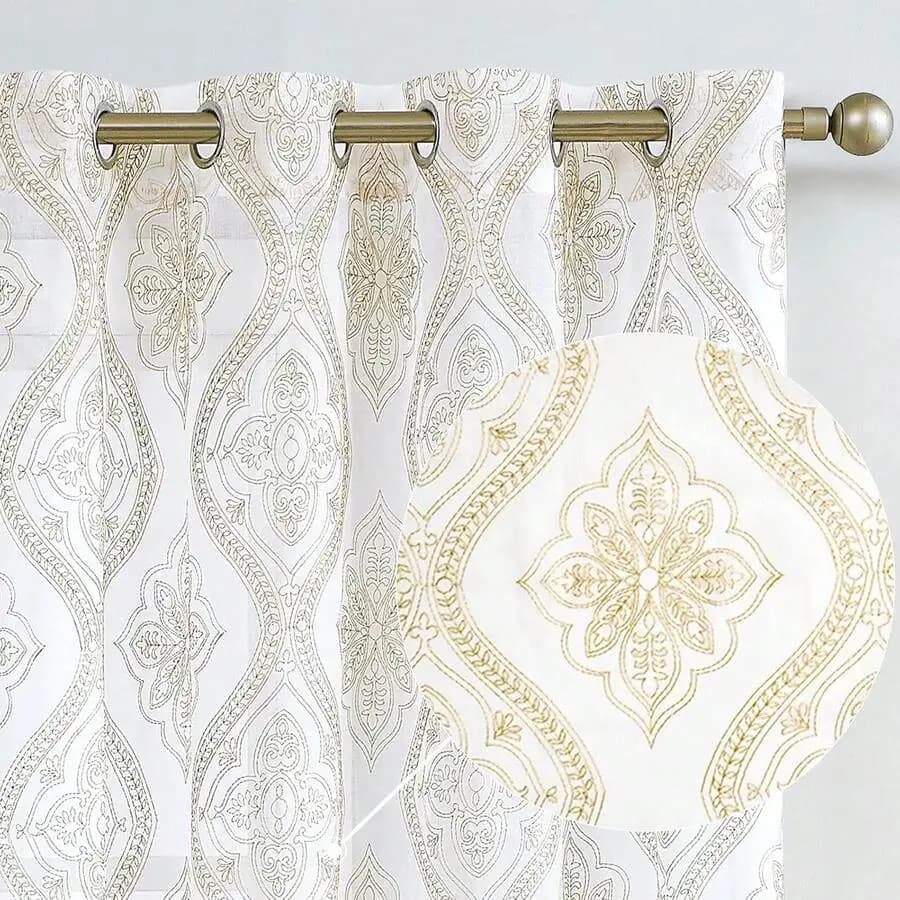 Boho Linen Blend Curtains Beige Farmhouse Curtains 84 Inches Long Green Embroidered Leaf Living Room Ogee Geometry Drapes Light