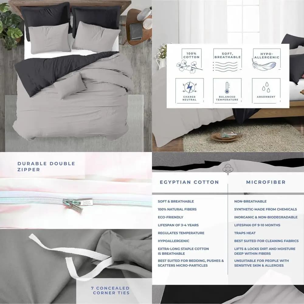 Copripiumino King Size Extra Large - 100% Cotone Egiziano, 600 Fili, con Cerniera e Lacci, Grigio Misto