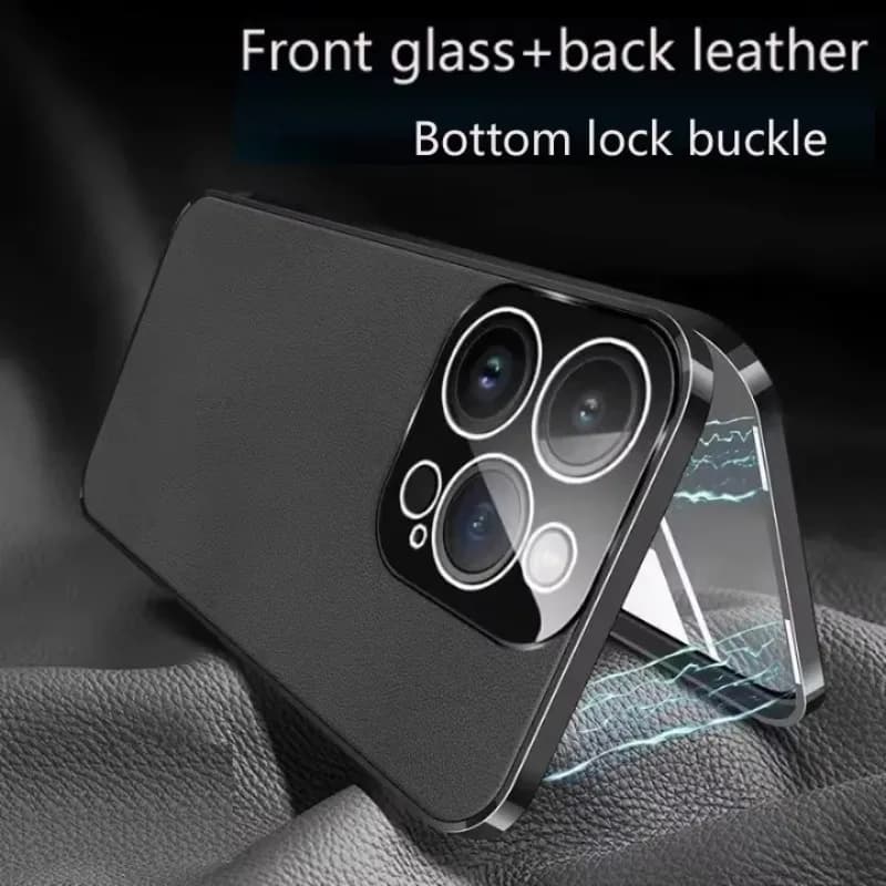 Custodie Protettive Integrali in Pelle Liscia con Pannello Posteriore in Metallo e Vetro Magnetico per iPhone 16 Plus 15 Pro Max