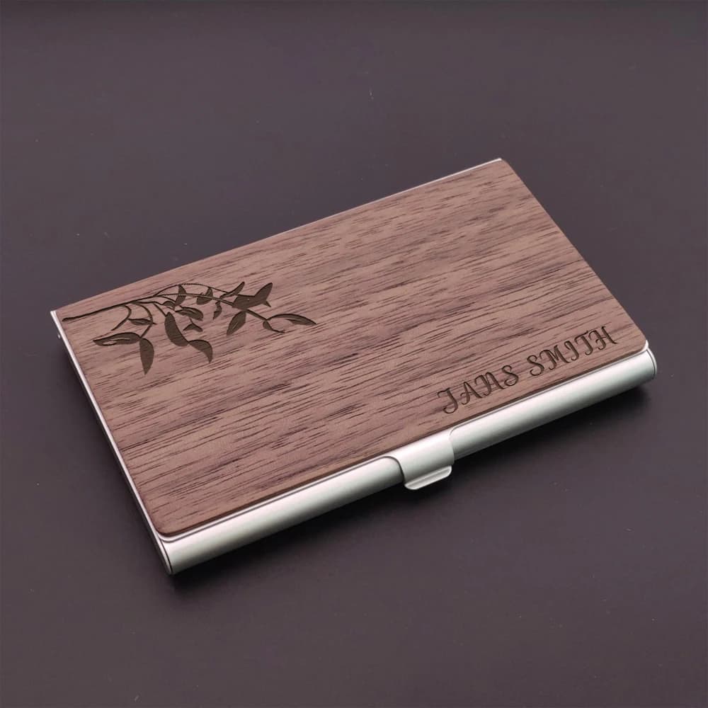 Porta biglietti da visita personalizzato in legno e lega di alluminio con incisione laser, regalo aziendale personalizzato per colleghi e clienti