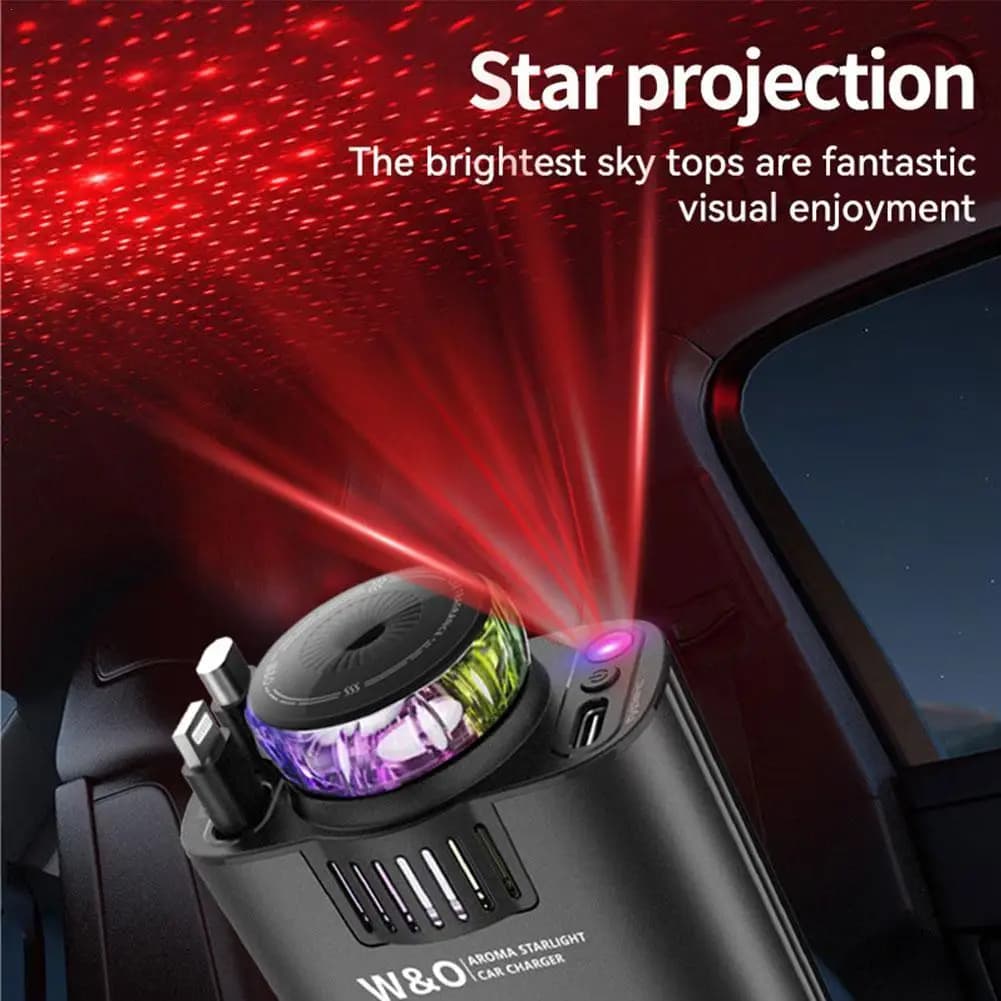 Retractable Car Charger 3 in 1 Quick Charging from 45 W + Aromatherapy Diffuser + LED Lights for Starry Sky Car Deodorant Car Accessories