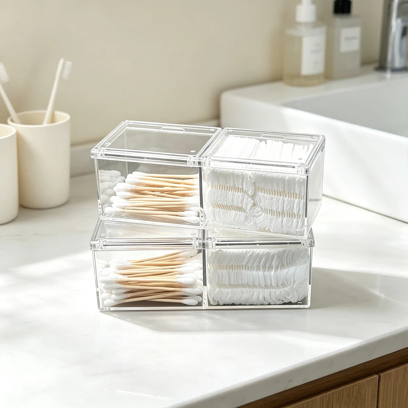 1pc Transparent Grid Cotton Swab Makeup Remover Cotton/Ball/Puff Dispenser Stackable Lid Handle Hair Crd Hair Clip Storage Box