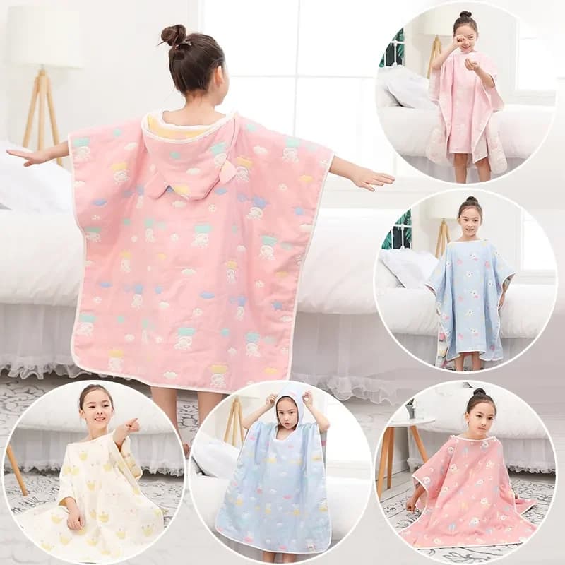 100% cotton six layers gauze bath towel cartoon baby cloak with hood girl nightdress bathrobe absorbent night shirt for children