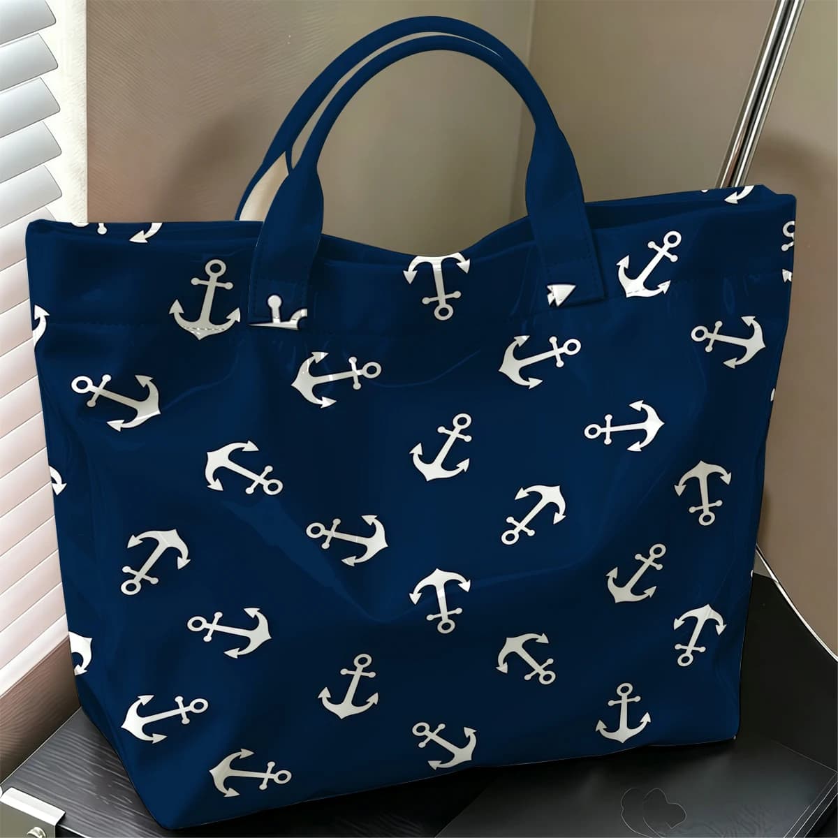 Navy Anchor Cute Large Glossy PVC Tote Bag Hand Washable Lightweight Soft Great for Travel Commute Makeup Storage Handbags