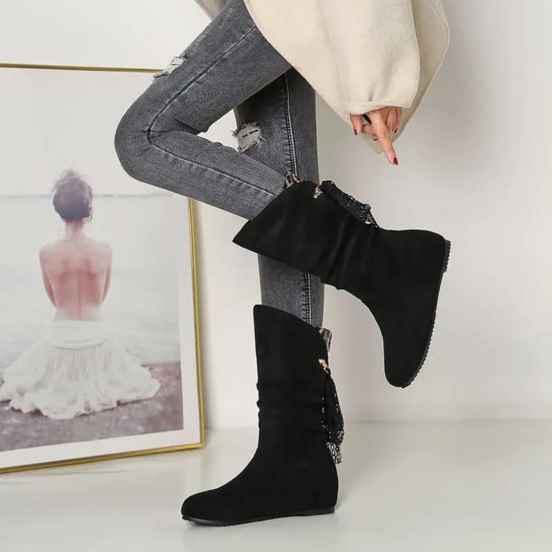 ORCHA LISA Shoes Women New Women Mid Calf Boots Round Toe 3cm Heightened Heel Ribbon Slip On Large Size 43 Sweet Dating Boots