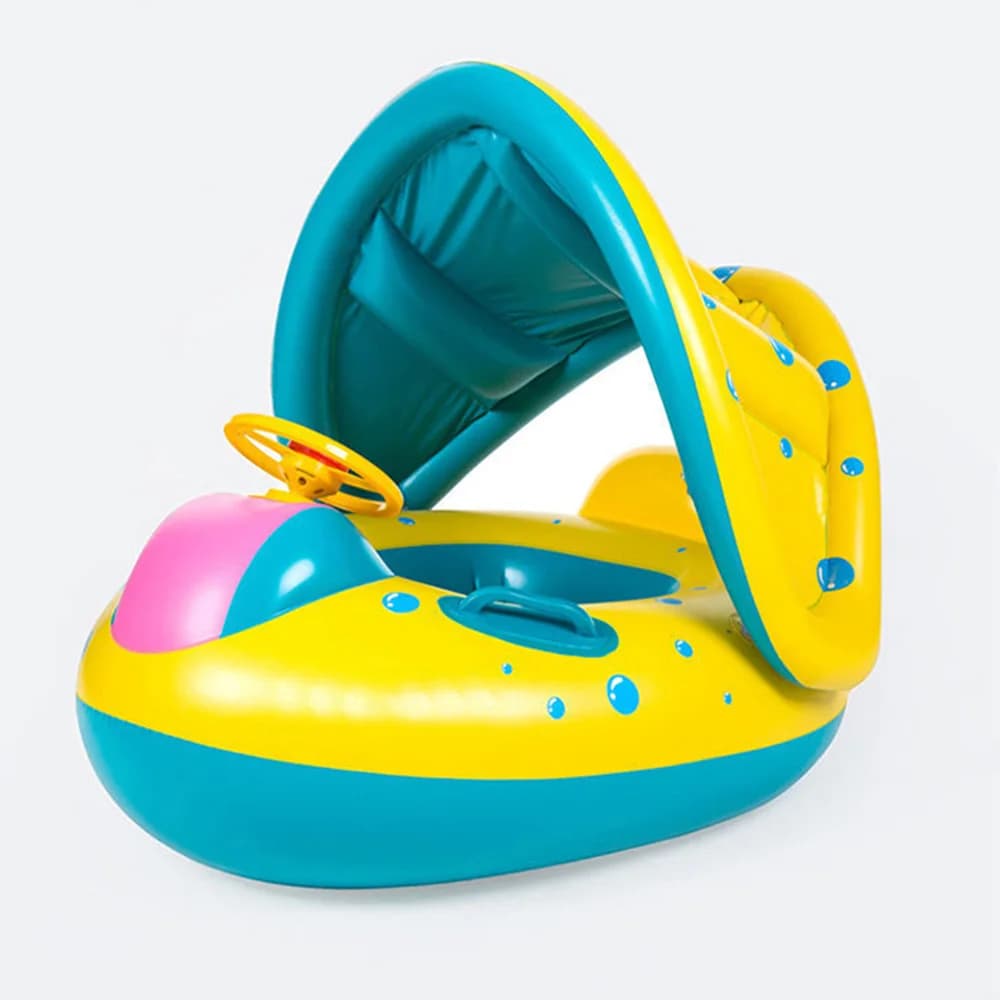 Galleggiante gonfiabile per bambini con tettuccio e volante, resistente ai raggi UV, portatile, per piscina e spiaggia, ideale per il gioco in acqua